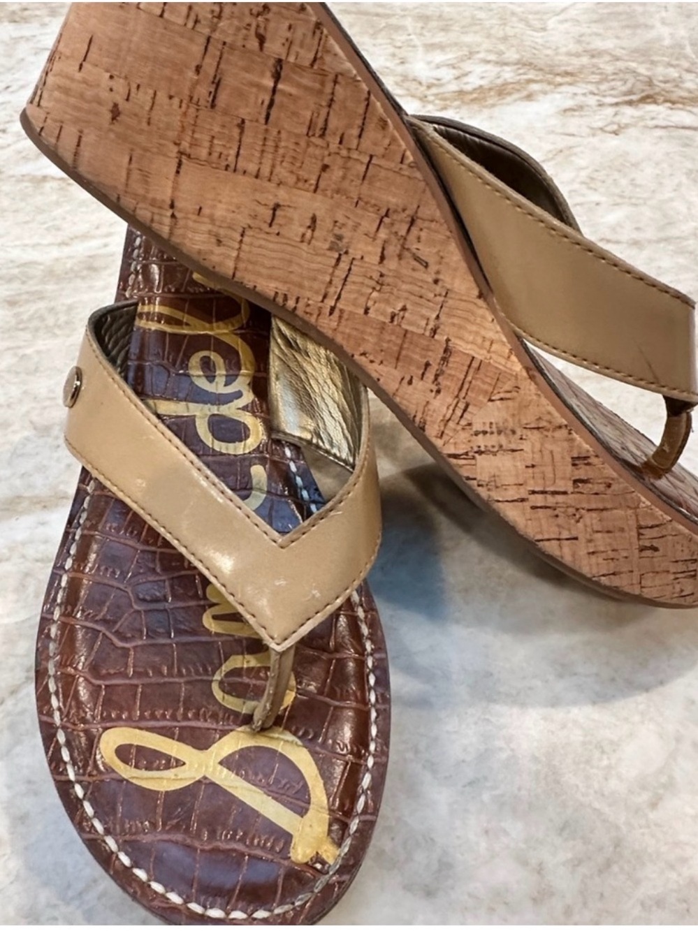 Sam Edelman Romy Platform Sandel size 8. Tan patent uppers with cork base.